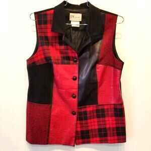 Vintage 80's Colorblock Red Vest Patchwork Button Down‎ Stretch Collared Size 12